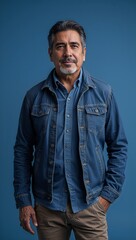 Fototapeta premium Hispanic middle aged guy plain blue background in casual stylish fashion whole body portrait