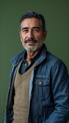Obraz premium Hispanic middle aged guy plain green background in casual stylish fashion whole body portrait
