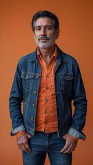 Obraz premium Hispanic middle aged guy plain orange background in casual stylish fashion whole body portrait