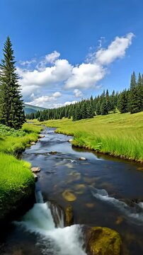 Serene Mountain River In Lush Greenery Under Blue Sky With Fluffy Clouds In 916 Style