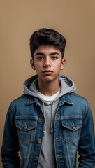 Fototapeta premium Hispanic teen guy plain gold background in casual stylish fashion whole body portrait