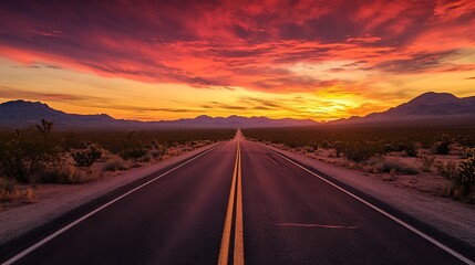 Fototapeta premium Desert highway stretches towards the horizon bathed in the sunset glow adventure awaits