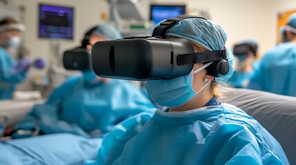 Surgeons Use VR headset in an operating room for a procedure