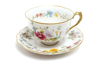 Fototapeta premium Porcelain teacup and saucer with hand painted flowers and gold rim&nbsp;
