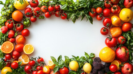 displays a colorful array of fresh fruits and vegetables arranged as a frame around a central white space, ideal for websites and blogs focused on healthy eating, nutrition, and fresh produce