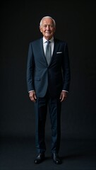 plain black background Caucasian elderly guy in formal suit whole body portrait