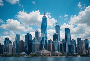 Naklejka premium Cityscape Majesty. Gleaming Skyscrapers Reflecting Sunlight. A Modern Metropolis Scene. Calm Water Adds Serenity. Urban Beauty And Architectural Marvel. Optimistic Vibe. Inviting City For Exploration.