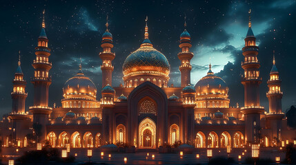 Majestic illuminated palace at night with glowing lanterns and starry sky, showcasing architectural beauty