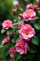 Obraz premium Large pink camellias droop from their stem in a lush and full bush, horticulture, pink, greenery