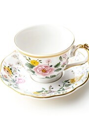 A delicate porcelain teacup with hand-painted floral patterns and a gold-rimmed edge on a matching saucer