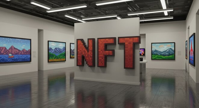 A contemporary art gallery showcasing pixel art and the emergence of the NFT world