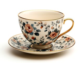 A delicate porcelain teacup with hand-painted floral patterns and a gold-rimmed edge on a matching saucer