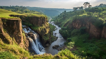 Obraz premium A secluded river gorge with cascading rapids and lush green cliffs
