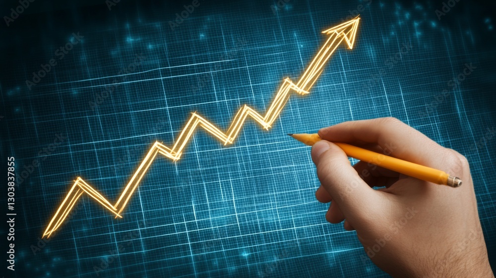 Aufkleber a professional hand drawing an upward-trending business graph with a glowing effect on a transparent