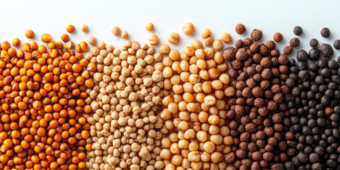 top-down view of various types of mustard seeds, ranging in color from yellow to brown, spread across a white surface. Ideal for websites/blogs on cooking, spices, ingredients, or food science.
