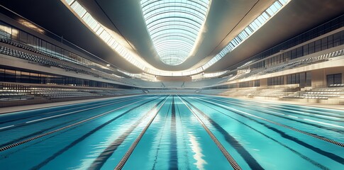 Indoor Swimming Pool Arena with Lanes and Grandstand Seating for Competition
