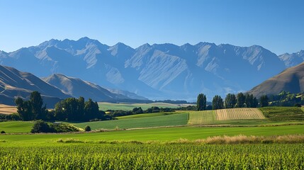 Obraz premium A quiet rural scene with rolling farmlands and distant mountains beneath a clear blue sky