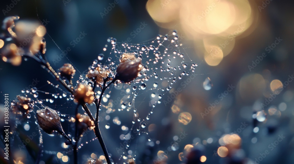 Poster a spider web covered in morning dew, each droplet sparkling like tiny pearls.