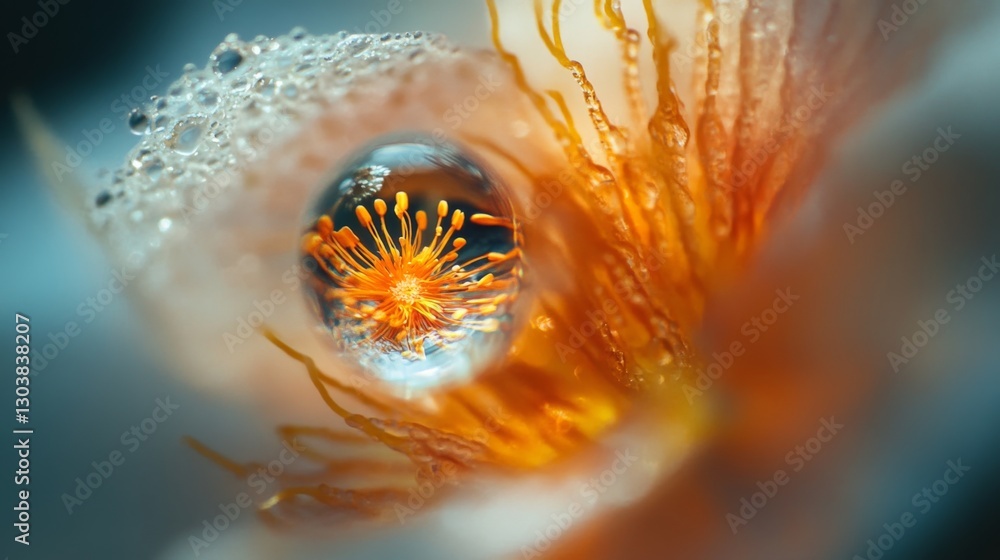 Aufkleber close-up of a water droplet refracting a tiny inverted image of a blooming flower inside it.