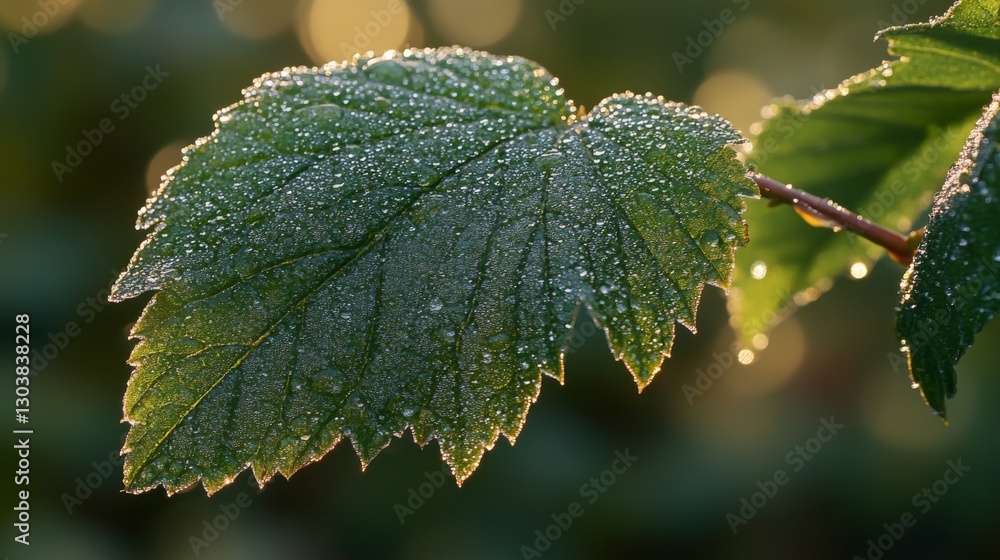 Aufkleber close-up of fresh morning dew on a green leaf, reflecting soft sunlight and creating a sparkling eff