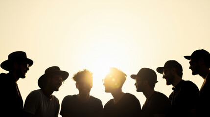 Visionary entrepreneurs brainstorming, Silhouettes of diverse individuals enjoying sunset together