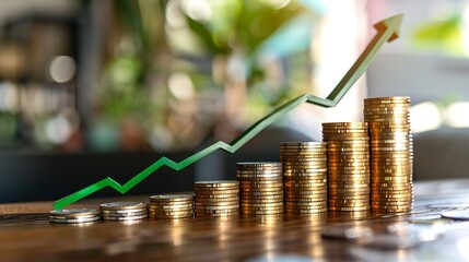 The green arrow is going up the Stacks of coins arranged in a bar graph