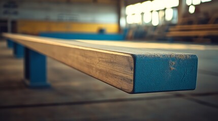 Gymnastics Beam Focus with Wood Grain and Blue Support Legs