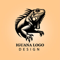 Fototapeta premium Stylized Iguana Logo Design in Tribal Vector Art, Bold Black Silhouette on Warm Background for Branding, Business Identity, and Wildlife Conservation