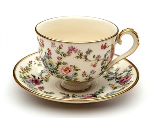 A delicate porcelain teacup with hand-painted floral patterns and a gold-rimmed edge on a matching saucer