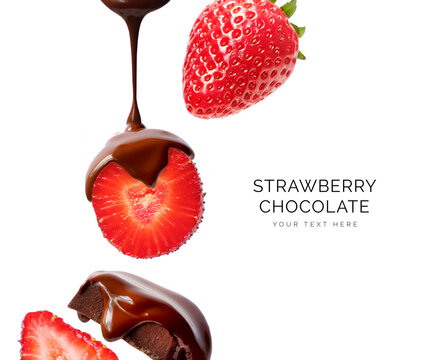 Creative layout made of bar of dark  chocolate and strawberry on the white background. Flat lay. Food concept.  Melted chocolate on the strawberry on the white.