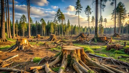 Fototapeta premium Forest Regeneration Sunlit Scene of Tree Stumps and Remaining Trees in a Newly Harvested Woodland Area