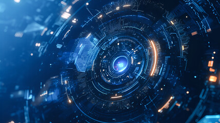 Fototapeta premium Futuristic Blue and Orange Tech Sphere Rotating Digital Interface Abstract Design