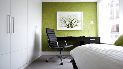 Modern Bedroom Office Design  Green Wall  White Wardrobe  Desk  Chair