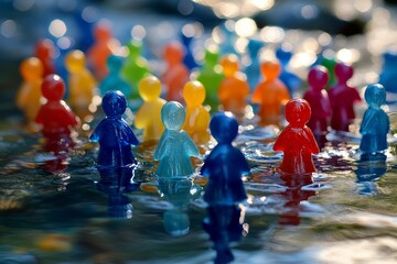 Colorful Miniature People Figures in Water Abstract Social Unity Concept Diverse Group Teamwork Collaboration Unity Rainbow Colors Symbolic           