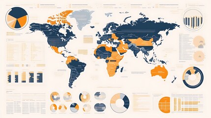 Detailed world map infographic displaying global statistics and data visualization
