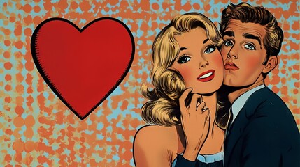 Pop art illustration with big red heart and a love couple.