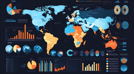 Global business infographic world map with analytical data visualization charts