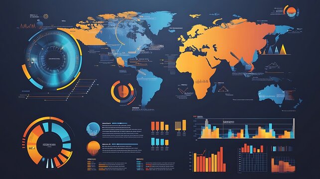 Global business intelligence infographic with world map and statistical data visualization - Powered by Adobe