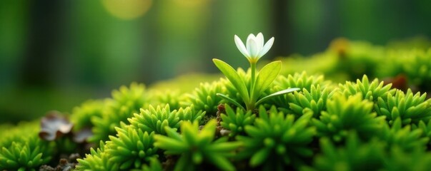 A solitary white flower nestled in a bed of soft mossy green, verdant, moss, plants
