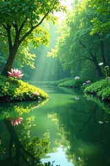 Obraz premium A soothing gradient of olive and sage hues envelops a serene pond scene, foliage, nature, gradient