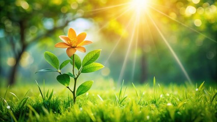 Obraz premium A Single Orange Blossom Basking in the Warmth of Sunlight in a Lush Green Meadow