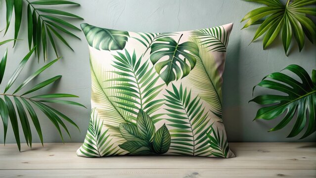 Serene Tropical Pillow Decor Lush Green Foliage on Cream Fabric, Perfect for a Relaxing Atmosphere