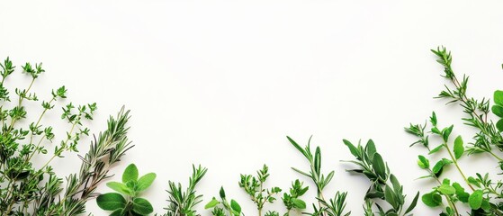 Obraz premium A charming border of fresh rosemary and other aromatic green herbs, delicately arranged on a white background, leaving ample space in the center for custom text or design elements. 