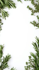A charming border of fresh rosemary and other aromatic green herbs, delicately arranged on a white background, leaving ample space in the center for custom text or design elements. 