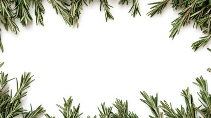 A charming border of fresh rosemary and other aromatic green herbs, delicately arranged on a white background, leaving ample space in the center for custom text or design elements. 
