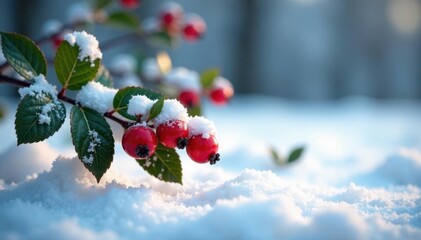 Snowberry branch on the ground in a winter scene, cold weather, evergreen,