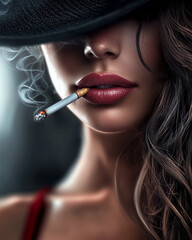 Obraz premium Woman is smoking a cigarette while wearing a black hat. The image has a mood of rebellion and defiance, as the woman is breaking social norms by smoking in public