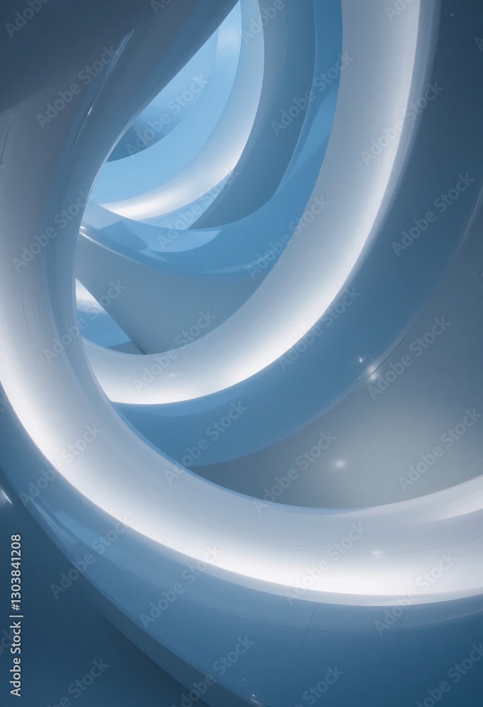 Poster Serene Architecture Abstract. Modern Interior Design, A Smooth Flowing Structure With Reflective Surfaces. Soft Blues And Whites, Ambient Light, Modern. Depth And Surreal Essence Are Here...