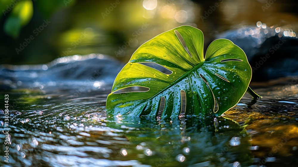 Poster leaf floating on water with sunlight creating reflections and bokeh