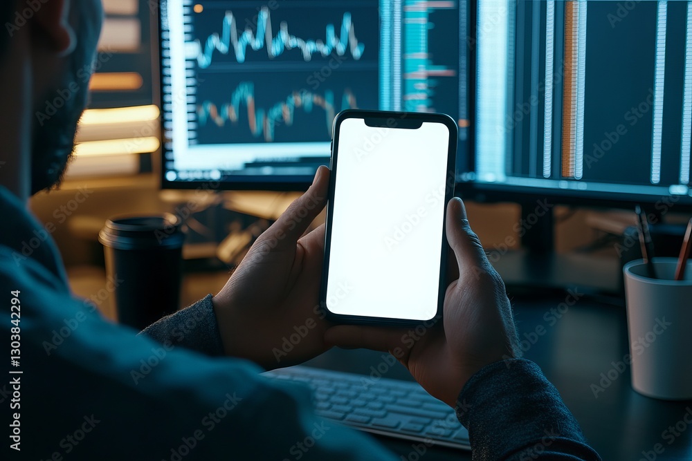 Poster man holding smartphone blank screen modern office night business technology workplace data analytics